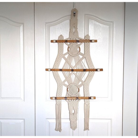 Vintage 1970s macrame wall hanging 49 x 23", boho fiber art home decor, - Picture 1 of 10